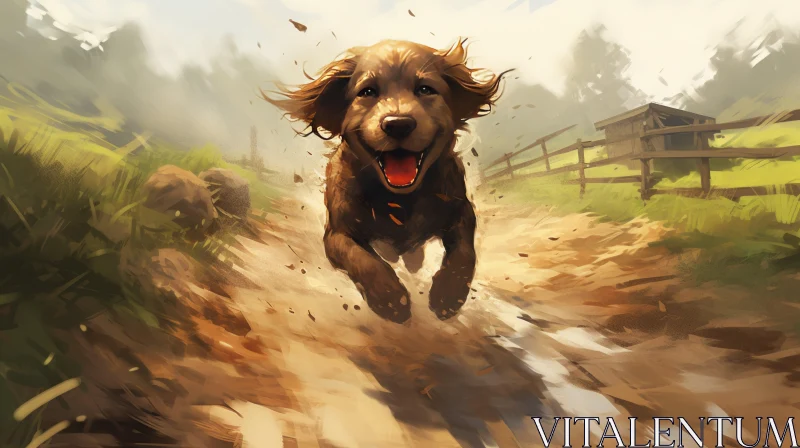 Joyful Brown Dog Running - Detailed Digital Painting AI Image
