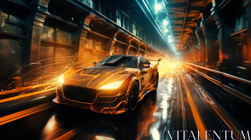 Orange Sports Car in Motion - Industrial Futurism Style AI Image