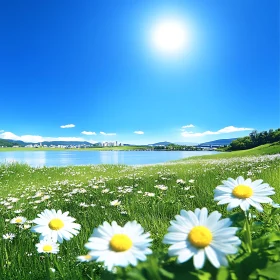 White Daisies Landscape with Blue Sky