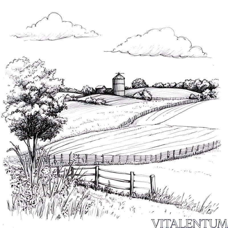 Rural Farm View Line Art AI Image