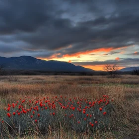 Scenic Field with Red Flowers at Sunset