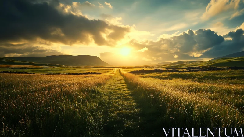 Sunlit Path Through Grassy Field AI Image