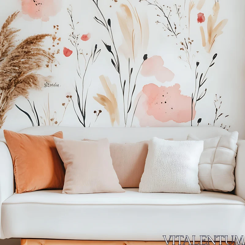 Stylish Couch with Decorative Floral Wallpaper AI Image