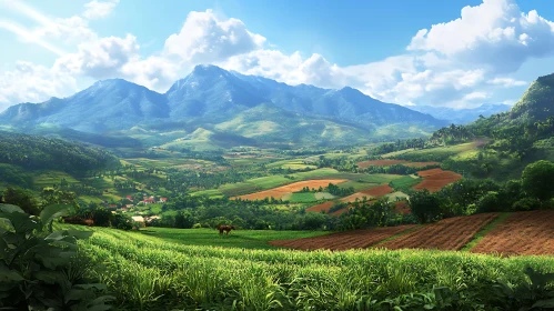 Lush Green Valley Under Mountain Peaks