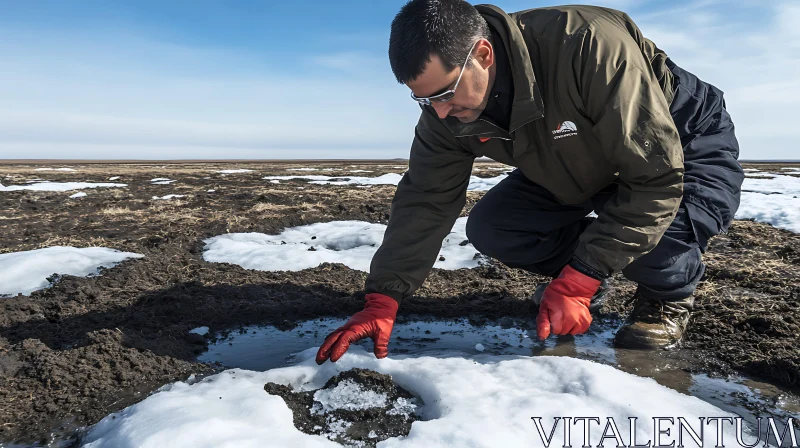 AI ART Researcher Inspecting Melting Snow Patches