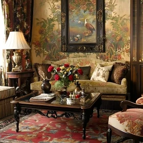 Elegant Living Room with Floral Wallpaper