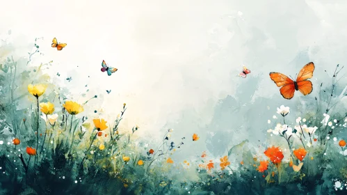 Floral Field with Butterflies Painting