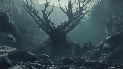 Dark Forest Scene with Ancient Tree