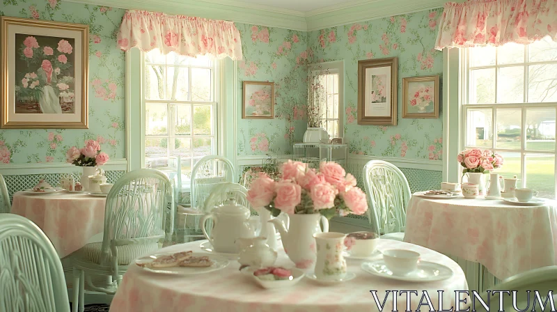 AI ART Pastel Tea Room with Floral Wallpaper