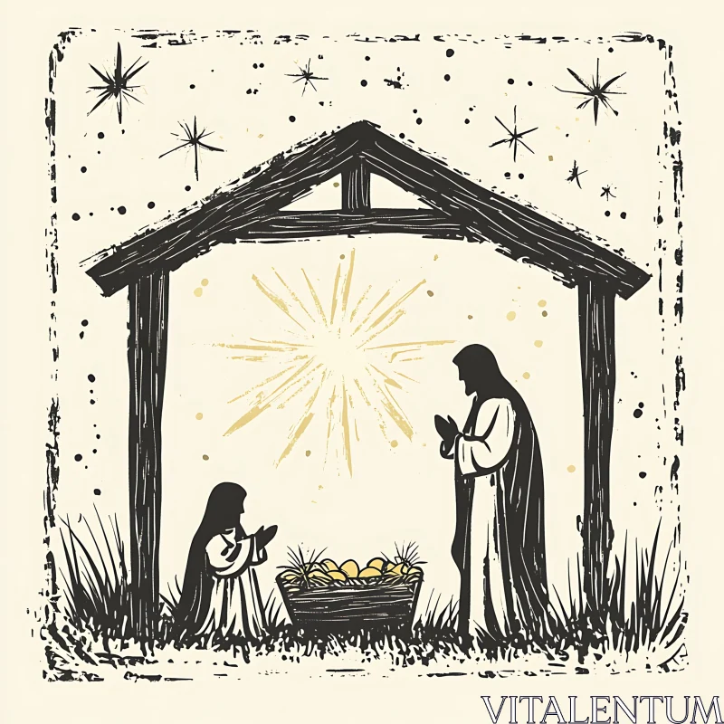 Woodcut Nativity Scene AI Image