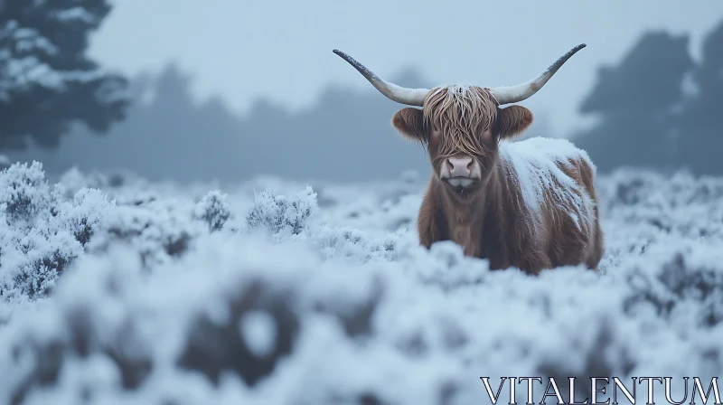 Snowy Highland Cow Portrait AI Image