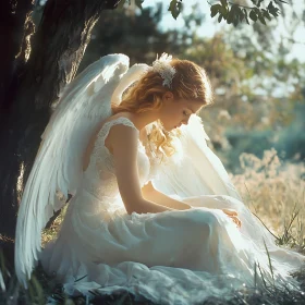 Angel in White Dress with Wings