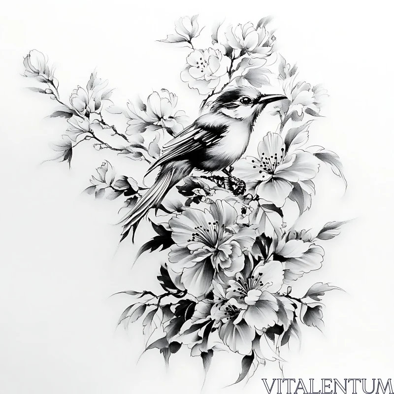 Intricate Bird Illustration with Blooming Flowers AI Image