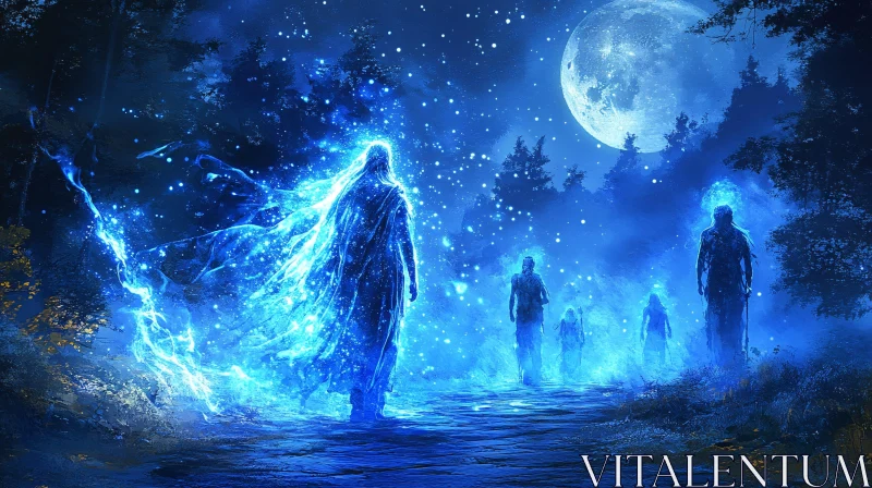 AI ART Blue Moonlight Figures in the Night