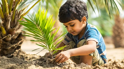 Young Child Planting Tree in Garden