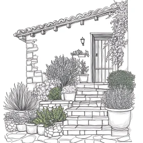 Elegant House with Plants Hand-Drawn