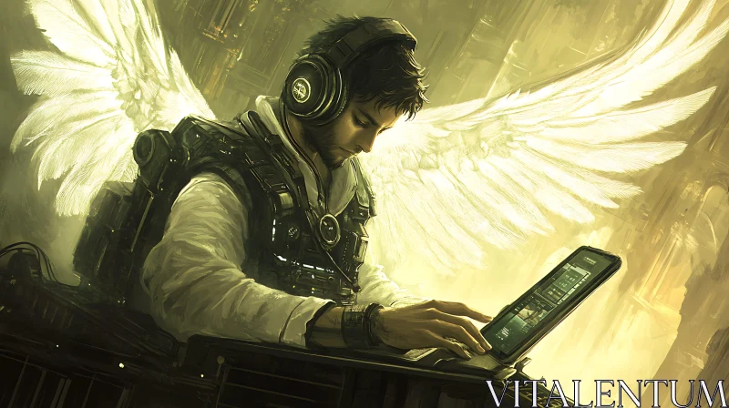 AI ART Winged Man Using Tablet in Industrial Setting