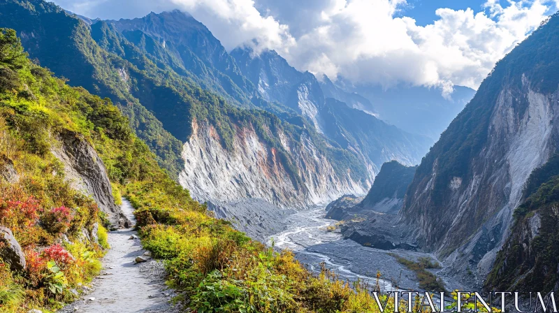 Scenic Mountain Trail Amidst Cliffs and Greenery AI Image