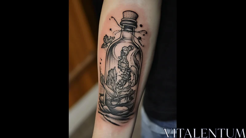 Detailed Arm Tattoo with Bottle and Flowers AI Image