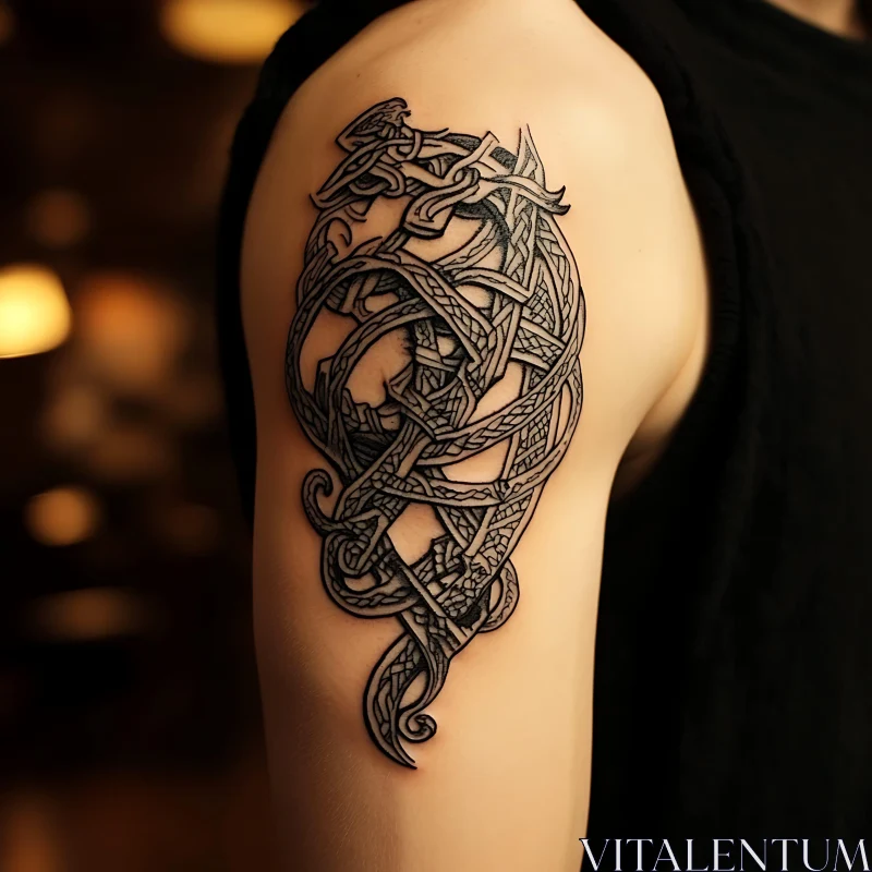 Complex Black Ink Tattoo Design on Upper Arm AI Image