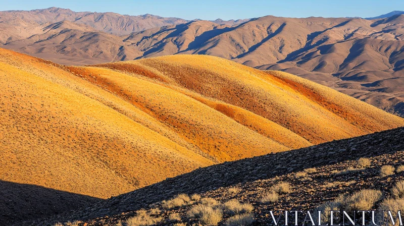 Sunlit Desert Hills and Rugged Mountain Range AI Image