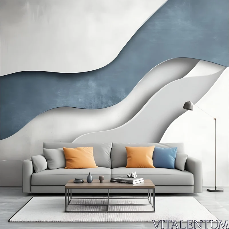 AI ART Contemporary Living Room with Abstract Wall