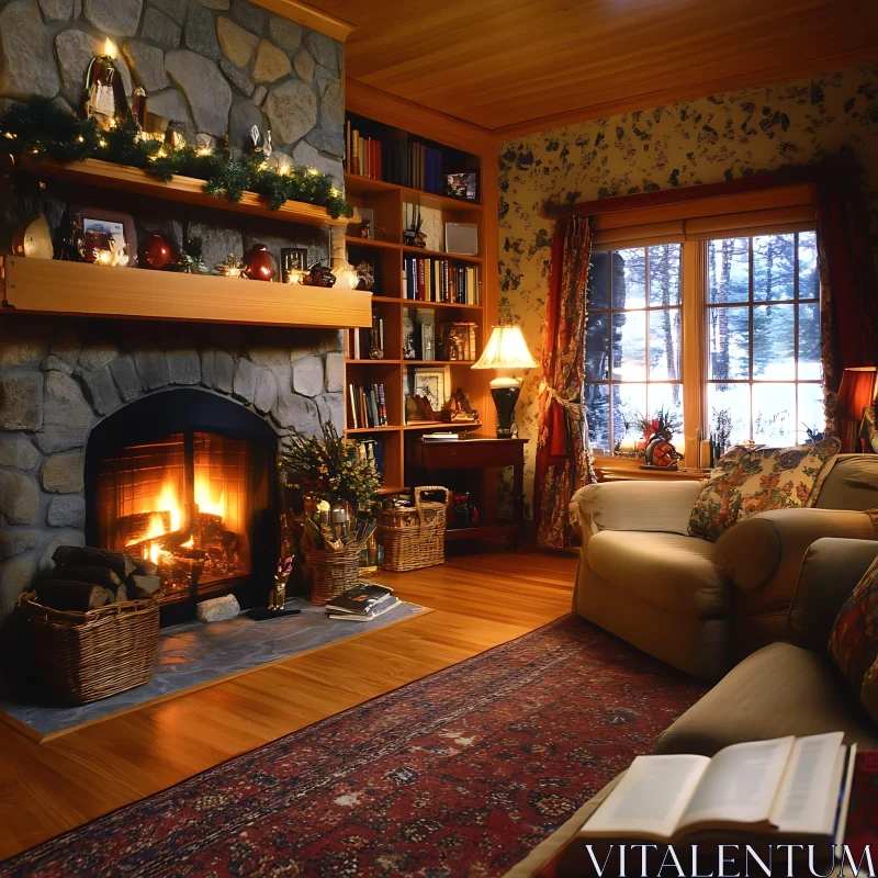 Cozy Room with Fireplace and Snowy View AI Image