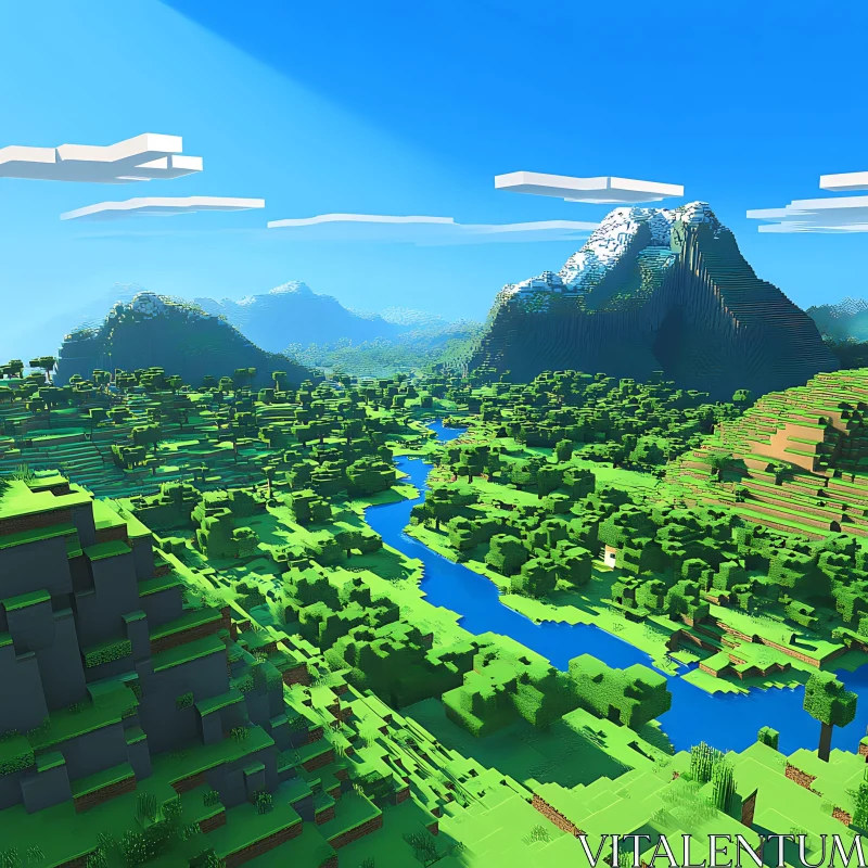 AI ART Blocky River Valley Minecraft Scene