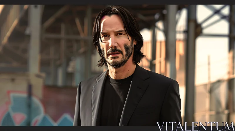 Keanu Reeves Black Suit Industrial Background AI Image