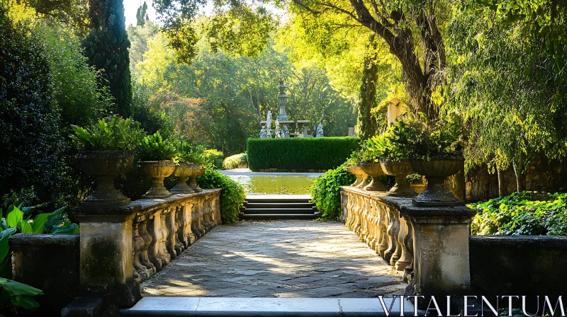 AI ART Sunlit Garden Path to Fountain