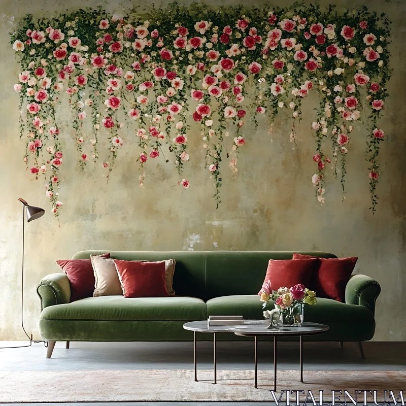 Floral Wall and Green Couch Interior AI Image