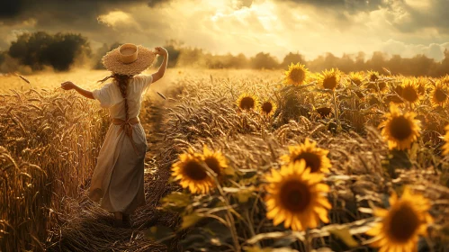 Woman in Sunflower Field at Sunset