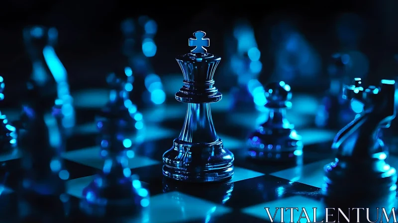 Blue-Glowing Chess King Amidst Other Chess Pieces AI Image