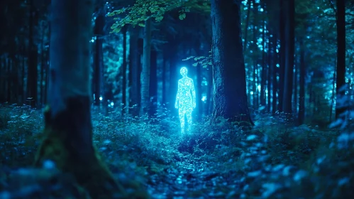 Mystical Glowing Figure in Dark Woods