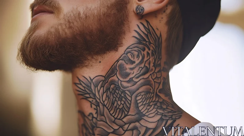 Artistic Neck Tattoo with Rose and Bird AI Image