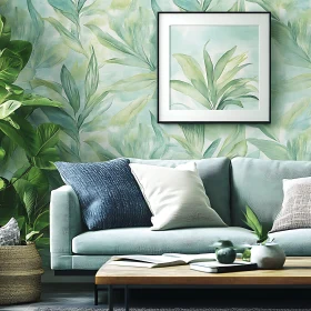 Serene Living Room with Leafy Wallpaper