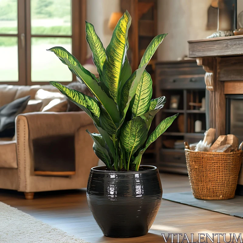 Indoor Green Plant in Black Pot AI Image