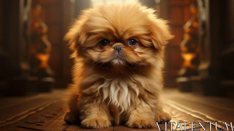 Cute Pekingese Puppy with Expressive Face Sitting Indoors AI Image