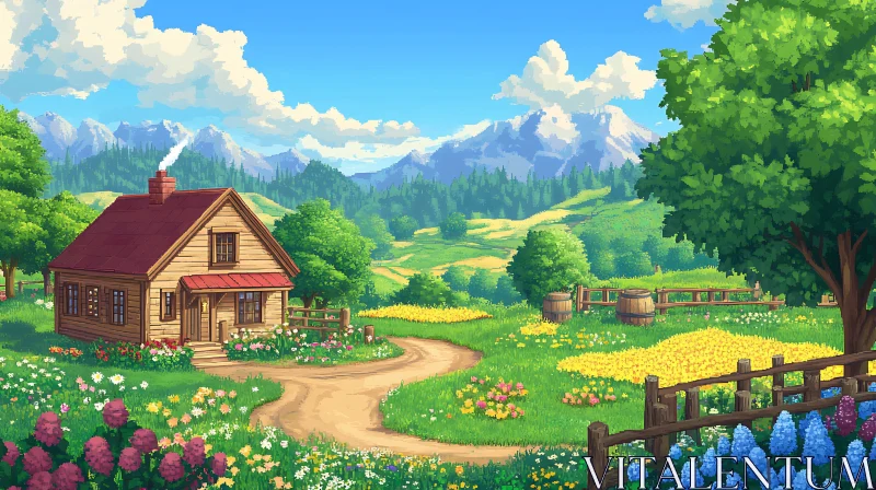 Charming Cabin in a Floral Meadow AI Image