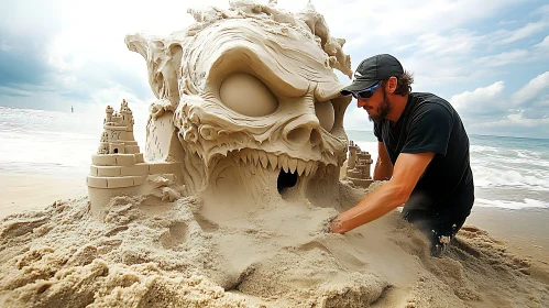 Beach Sand Art: Giant Skull Sculpture