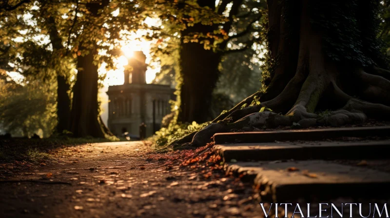 Enchanting Forest Pathway with Clock: A Study in Golden Light and Romantic Ruins AI Image
