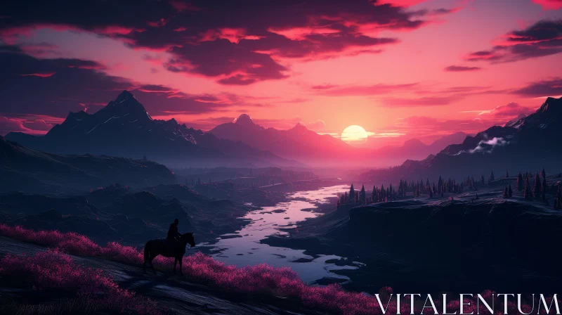 Enchanting Mountain Sunset Landscape with Horseback Rider AI Image