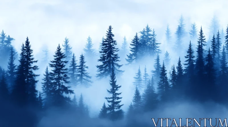 AI ART Tranquil Foggy Forest with Blue Hues