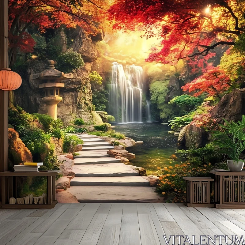 AI ART Serene Waterfall and Autumnal Foliage