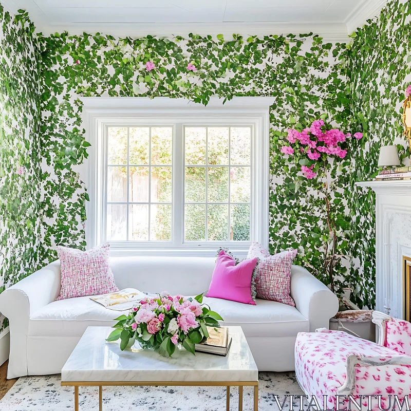 AI ART Floral Wallpaper and Pink Accents Room