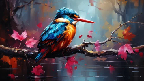 Kingfisher Amidst Autumn Foliage: A Unique Blend of Pixel Art and Graffiti