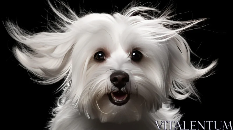 Playful White Dog on Black Background: Digital Airbrushing Art AI Image