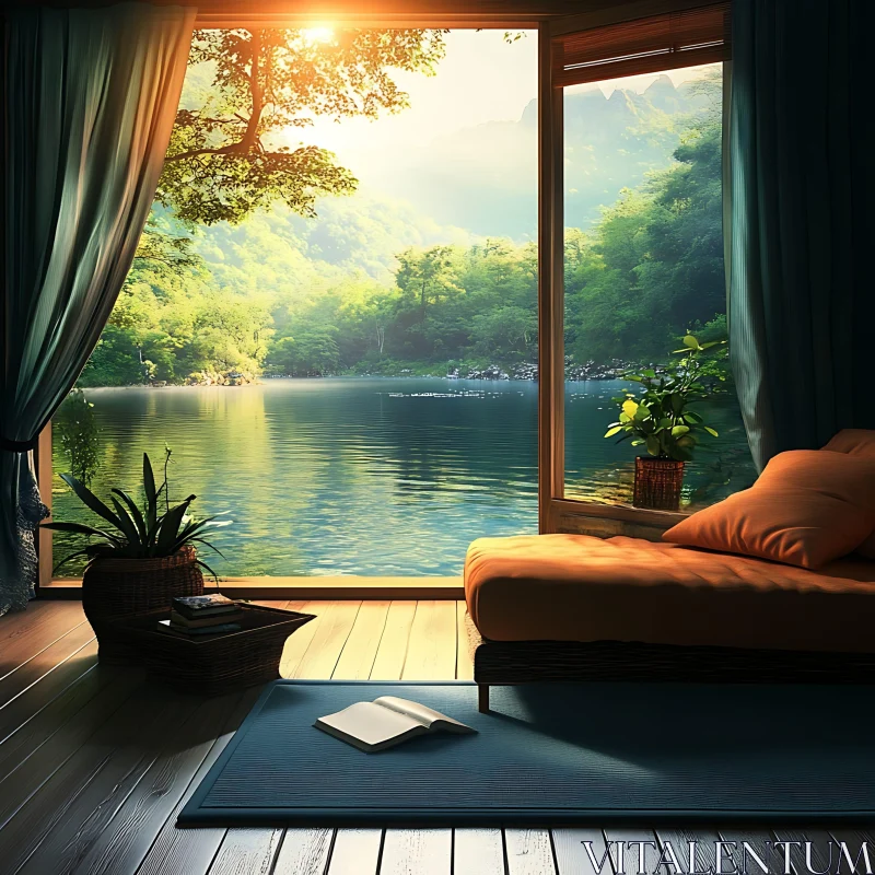 AI ART Cozy Room with Lake Scenery