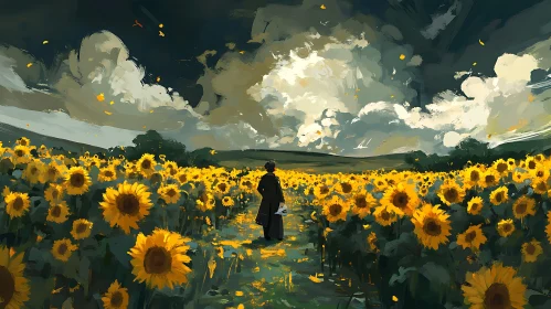 Person in Sunflower Field Painting