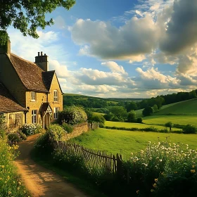 Idyllic Rural Scene with Stone Cottage